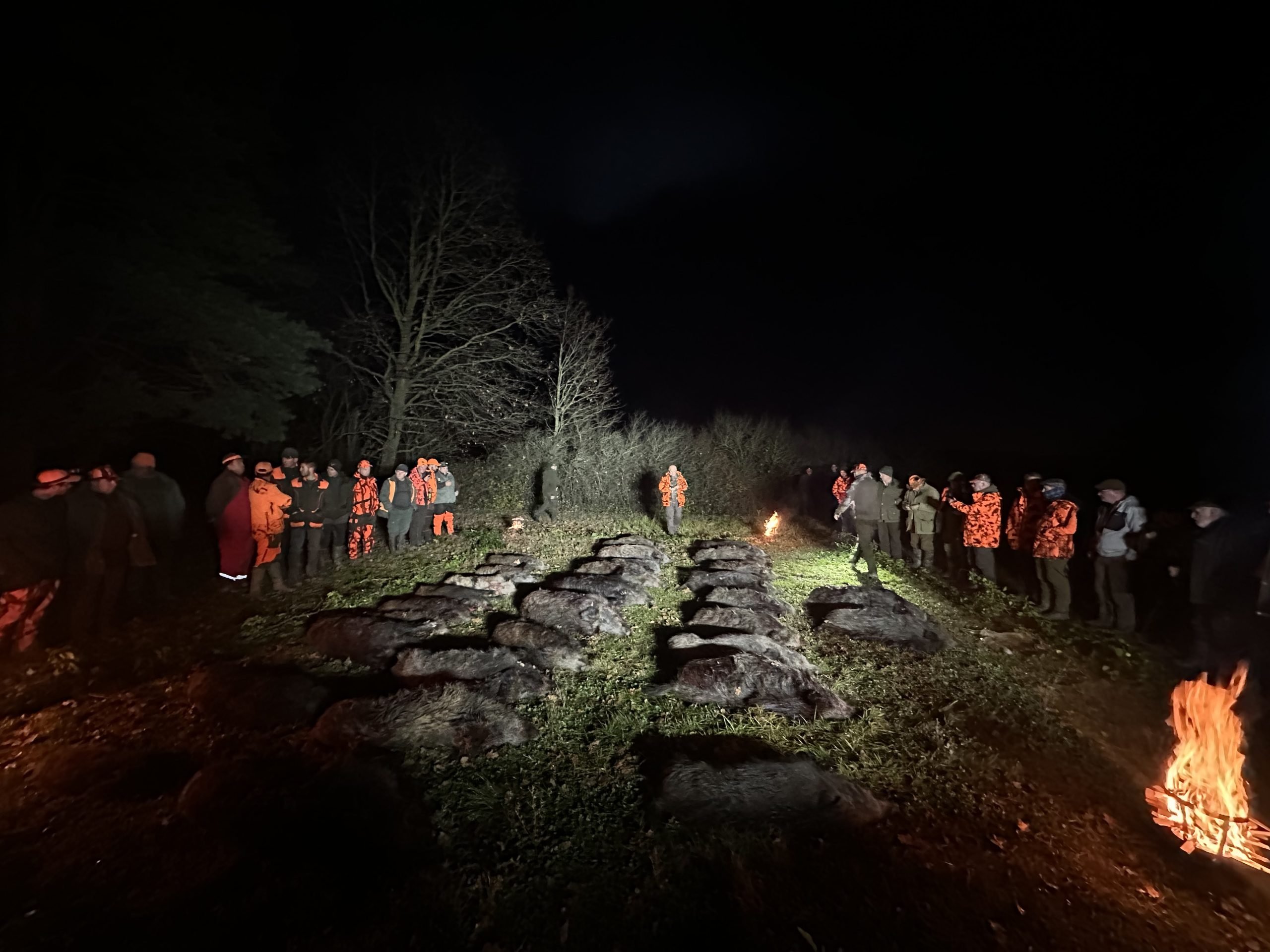 Streckenlegen bei Nacht nach einer Drückjagd, Jäger in Signalfarbe am Feuer