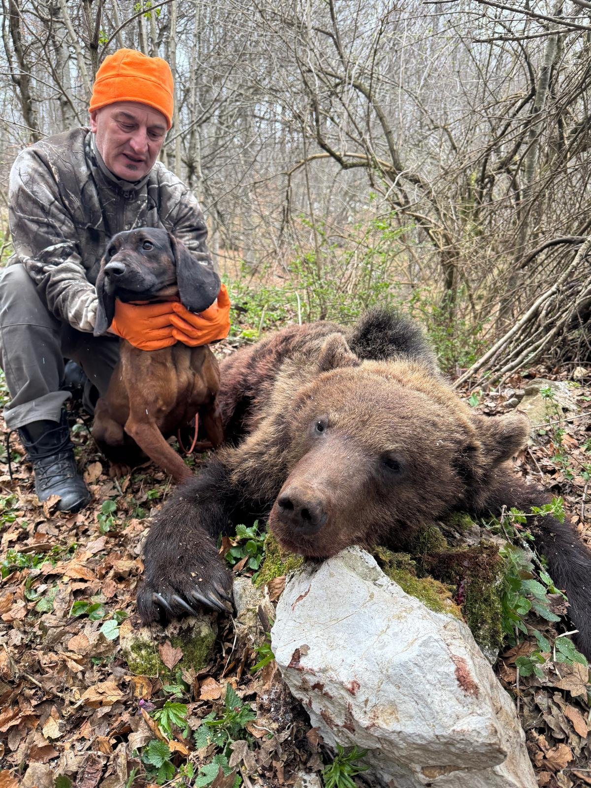 Jäger mit Hund und erlegtem Braunbär